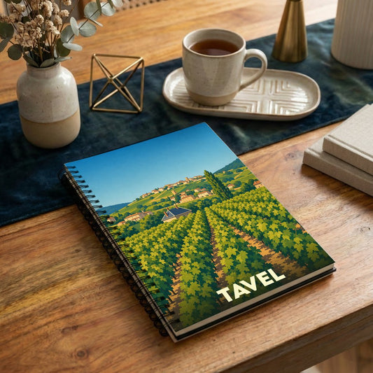 Carnet à spirale souvenir de la ville de Tavel avec une illustration stylisée de ses vignobles.
