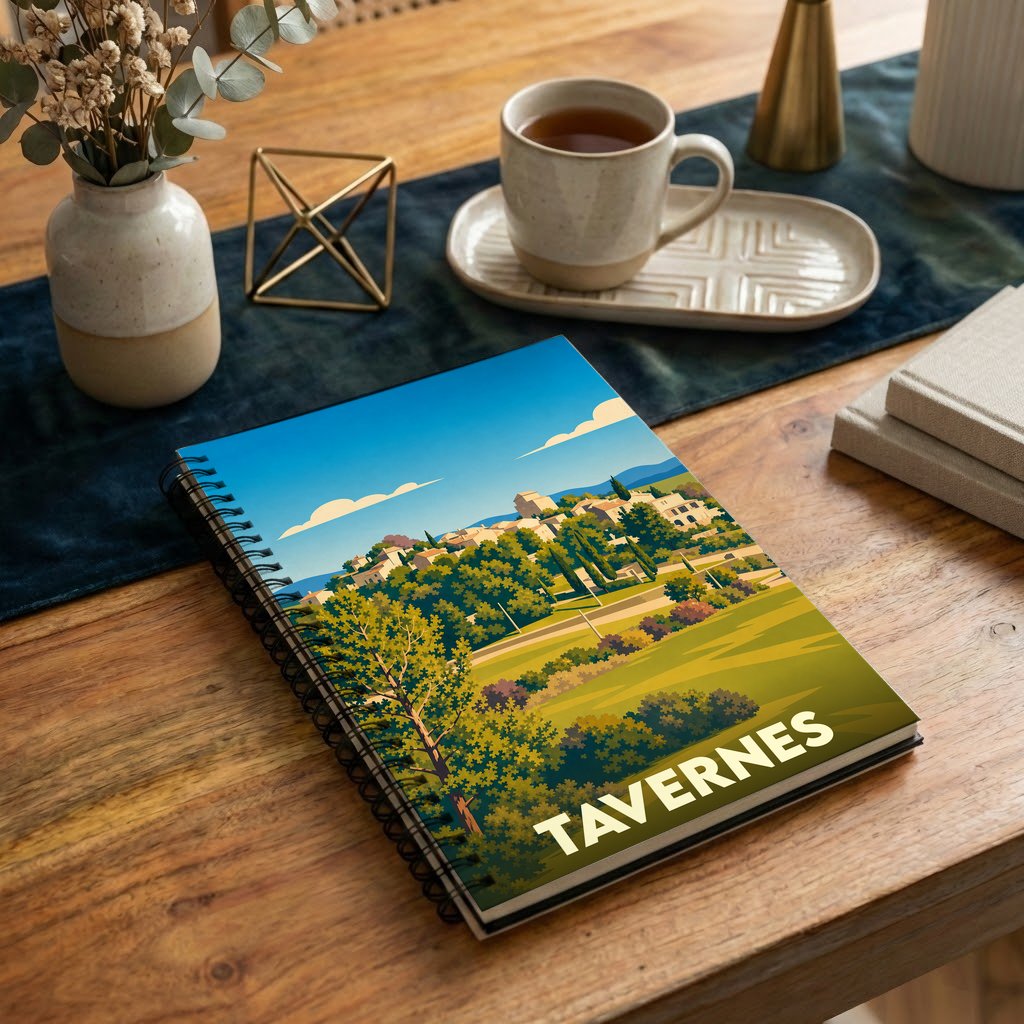 Carnet à spirales souvenir de la ville de Tavernes illustré par un paysage provençal stylisé.