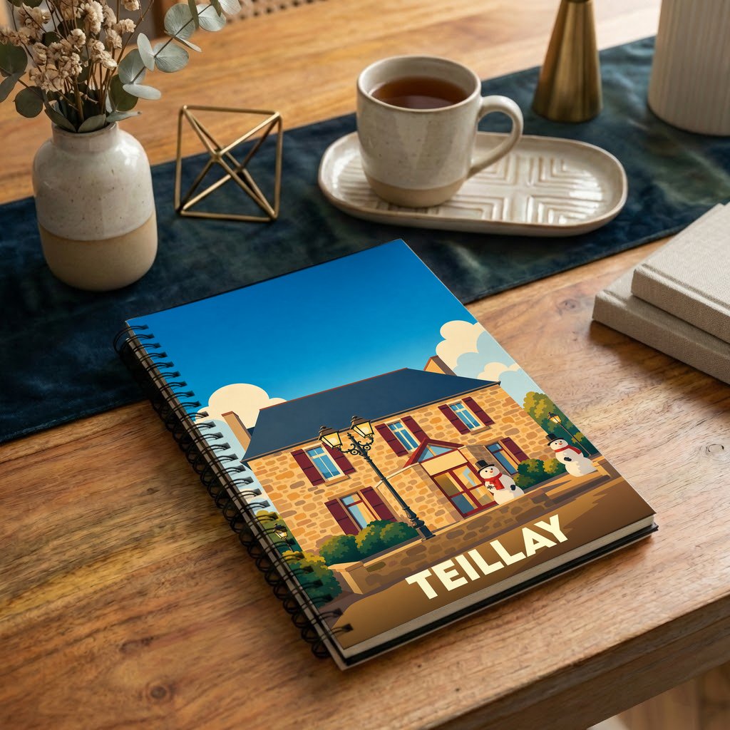Carnet à spirales souvenir de la ville de Teillay avec une illustration stylisée d'une maison en pierre.