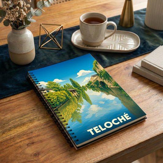 Carnet souvenir de la ville de Teloché avec une illustration stylisée d'un paysage fluvial.