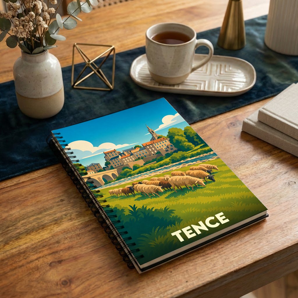 Carnet souvenir de la ville de Tence illustré d'un troupeau de moutons devant un village pittoresque.