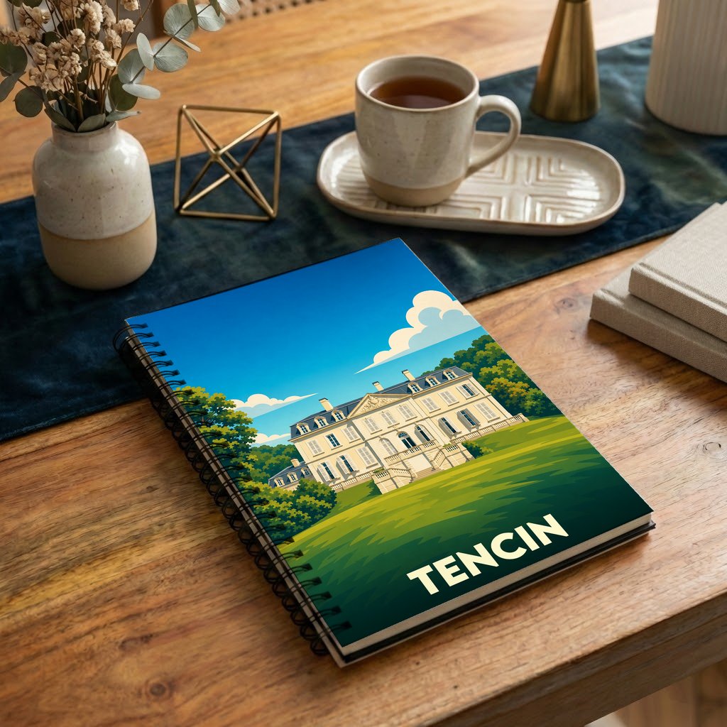 Carnet à spirale souvenir de la ville de Tencin avec une illustration stylisée de son château.