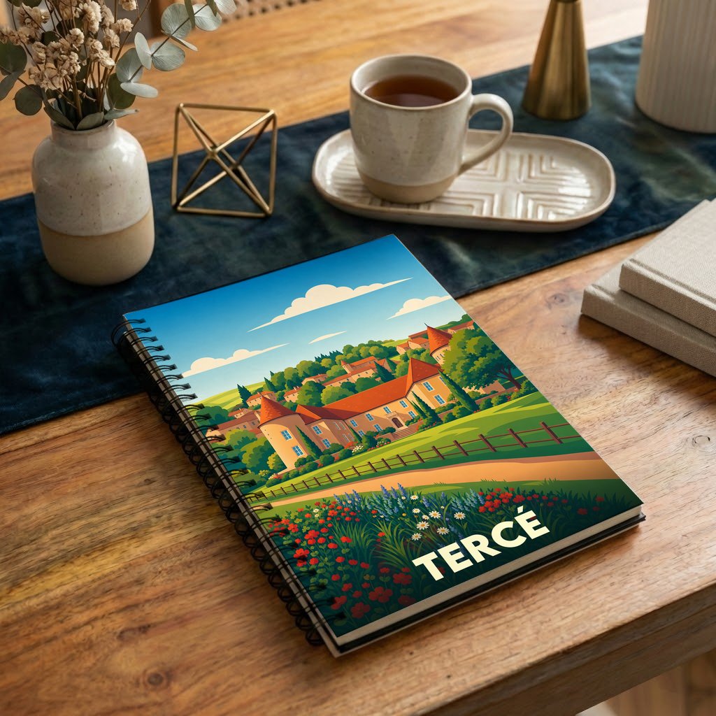 Carnet de notes à spirales souvenir de la ville de Tercé avec une illustration stylisée de son paysage champêtre.