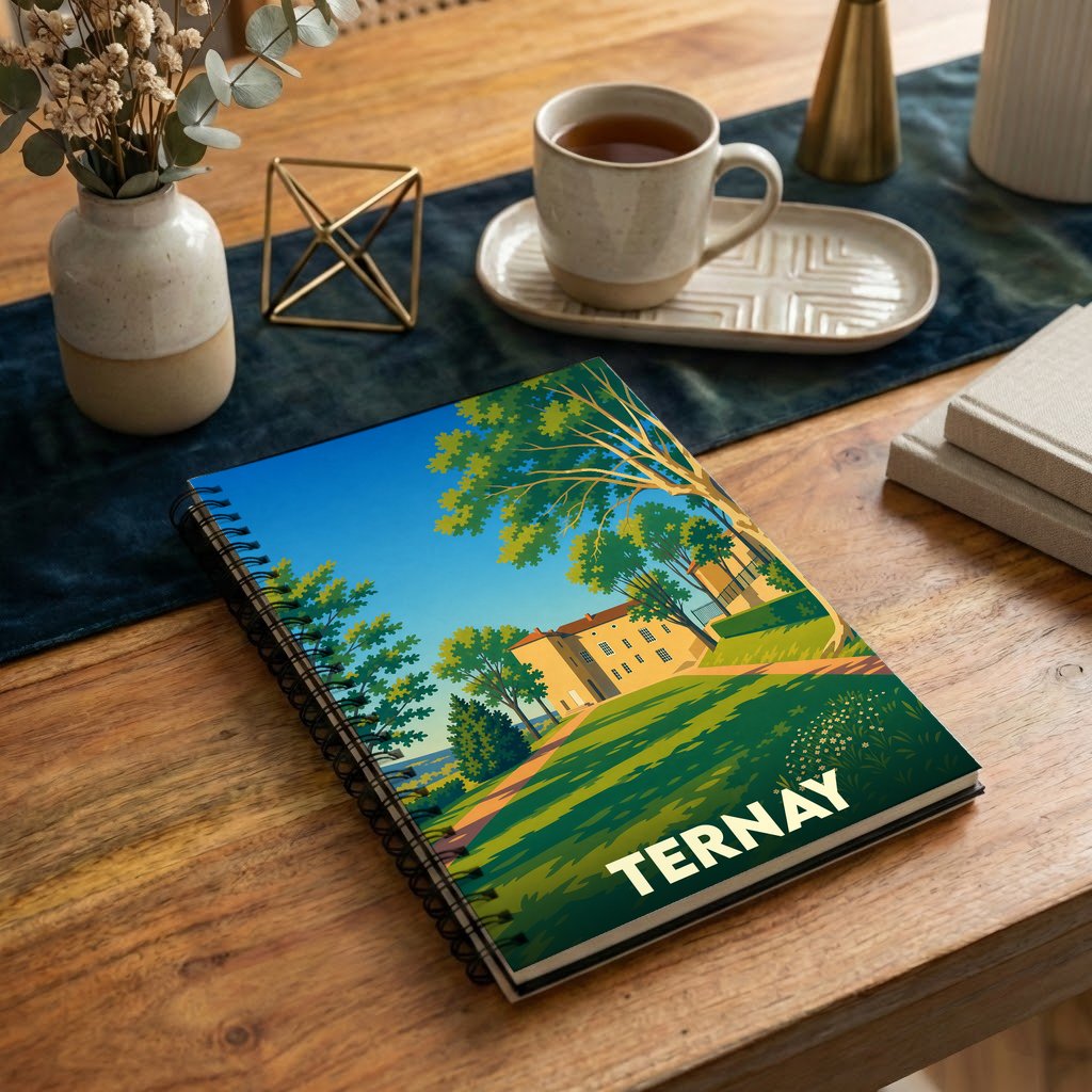 Carnet à spirales souvenir de la ville de Ternay avec une illustration paysagère stylisée.