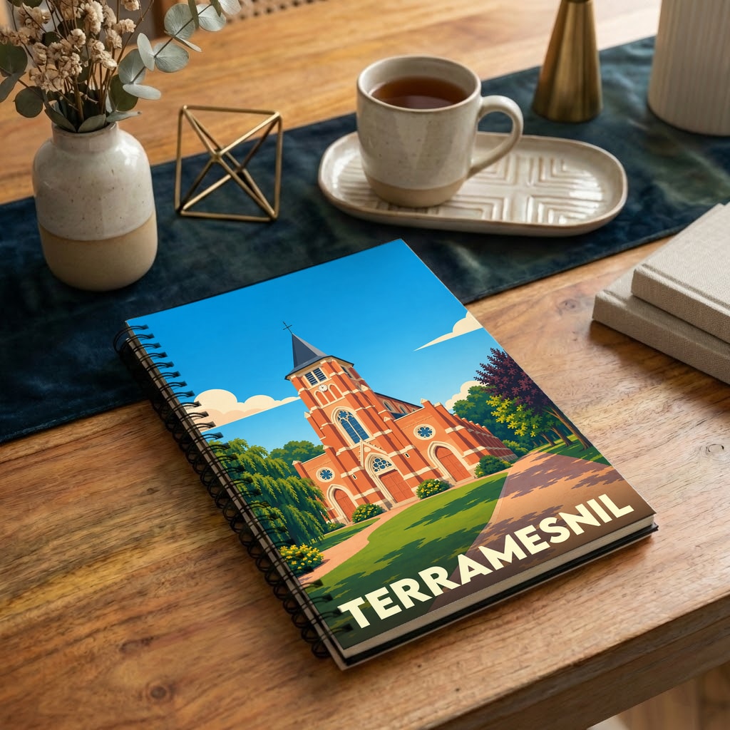 Carnet à spirales souvenir de la ville de Terramesnil avec une illustration stylisée de son église.