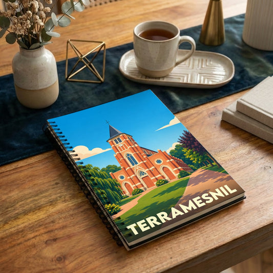 Carnet à spirales souvenir de la ville de Terramesnil avec une illustration stylisée de son église.