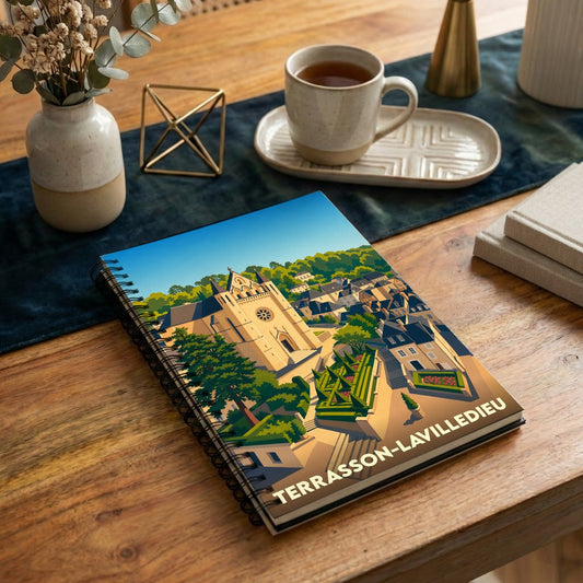 Carnet à spirales souvenir de la ville de Terrasson-Lavilledieu avec une illustration stylisée de son église et de ses jardins.