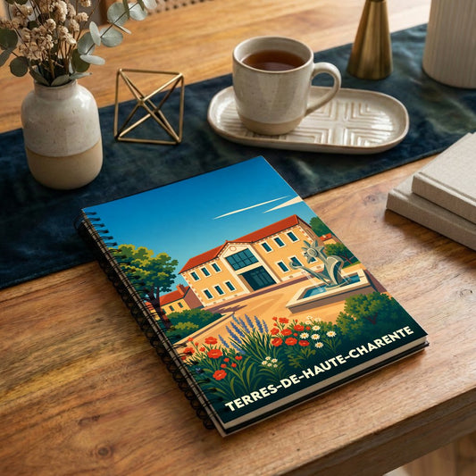 Carnet de notes à spirales souvenir de Terres-de-Haute-Charente avec une illustration colorée et stylisée de la ville.