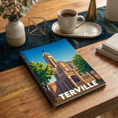 Carnet souvenir de la ville de Terville illustré d'un dessin stylisé de son église.