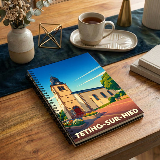 Carnet souvenir de la ville de Teting-sur-Nied avec une illustration stylisée de son église.
