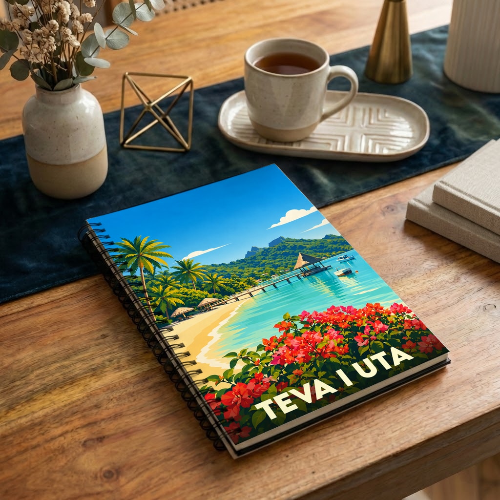 Carnet souvenir de la commune de Teva I Uta avec une illustration stylisée d'un paysage tropical côtier.