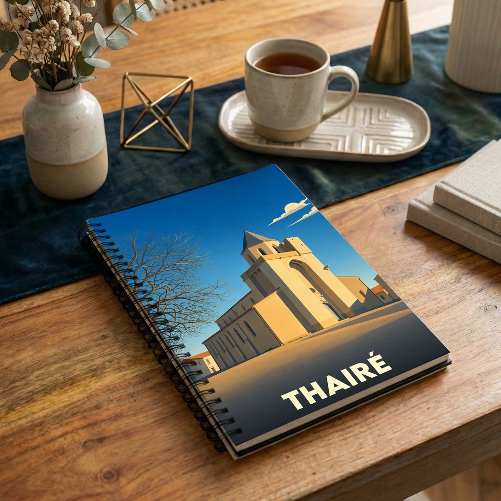 Carnet souvenir de la ville de Thairé avec une illustration stylisée de son église sous un ciel bleu.
