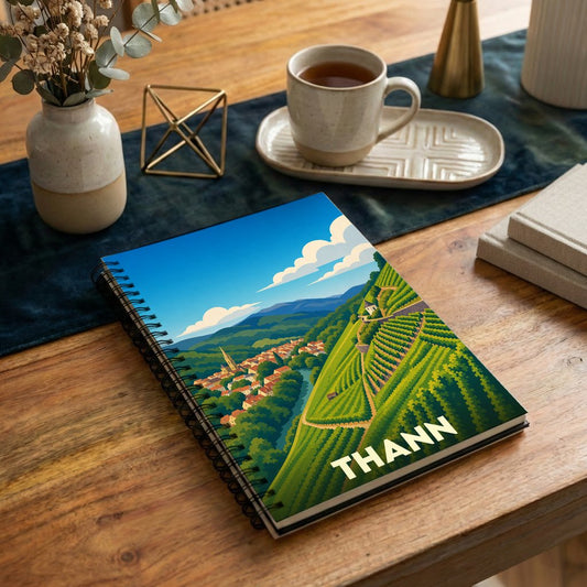Carnet de notes souvenir de la ville de Thann avec une illustration stylisée de son paysage et de ses vignobles.