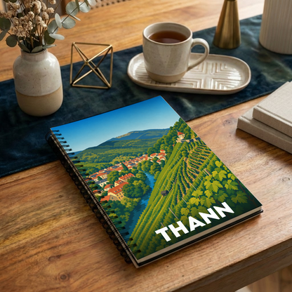 Carnet souvenir de la ville de Thann avec une illustration stylisée de son vignoble et de la vallée.