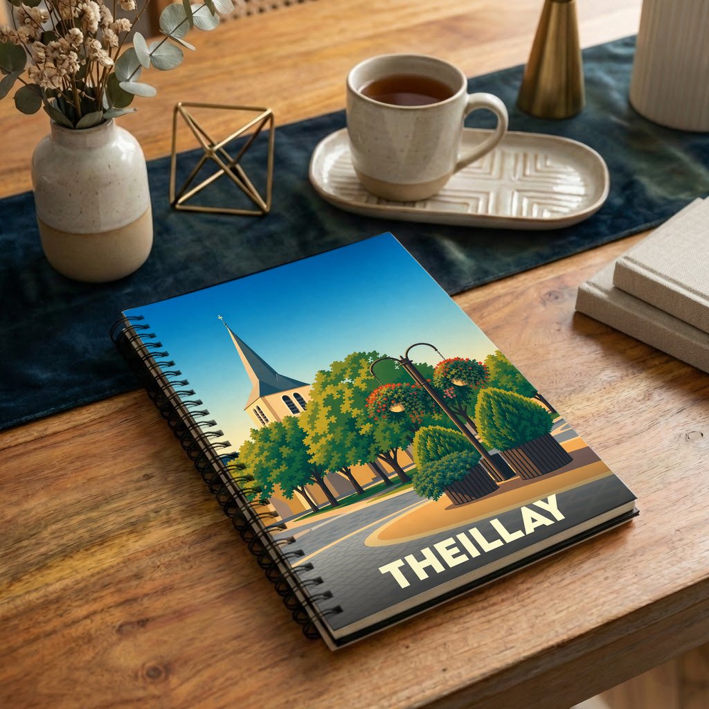 Carnet souvenir de la ville de Theillay avec une illustration stylisée.