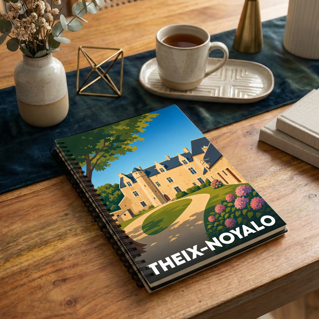 Carnet à spirales souvenir de la ville de Theix-Noyalo avec une illustration stylisée d'un château.