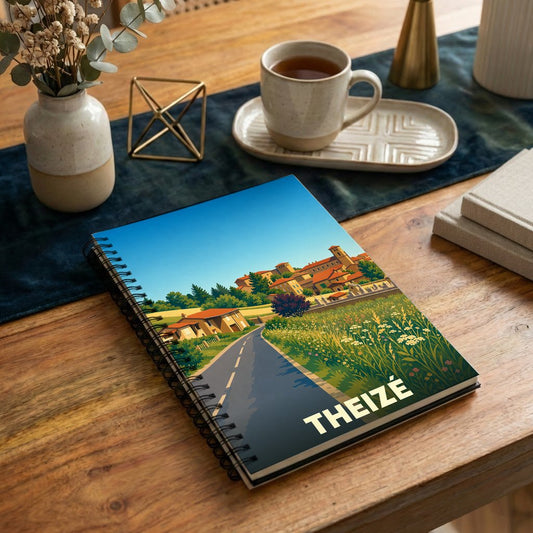 Carnet à spirale souvenir de la ville de Theizé avec une illustration stylisée d'un paysage de campagne.