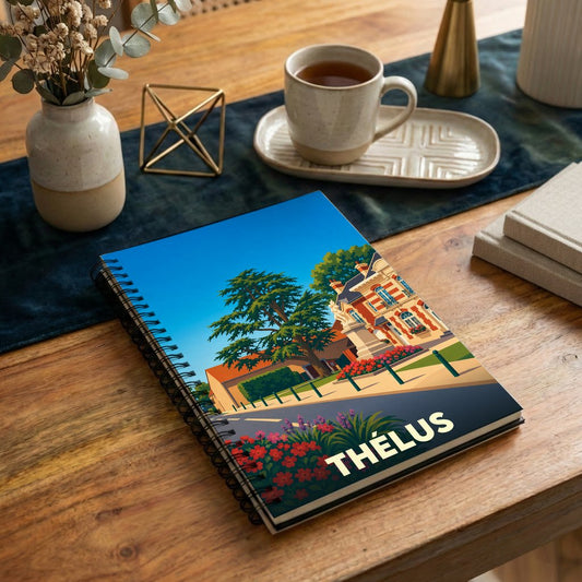 Carnet à spirales souvenir de la ville de Thélus avec une illustration colorée et stylisée.