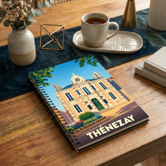 Carnet de notes souvenir de la ville de Thénezay avec une illustration stylisée de son hôtel de ville.
