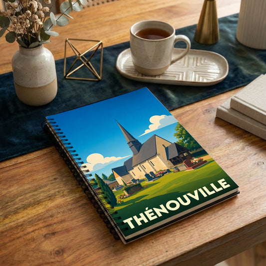 Carnet à spirale souvenir de la ville de Thénouville avec une illustration stylisée de son église.