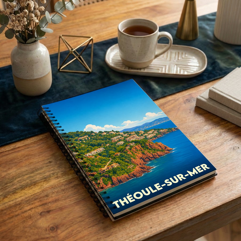 Carnet souvenir de la ville de Théoule-sur-Mer avec une illustration stylisée de son littoral escarpé.