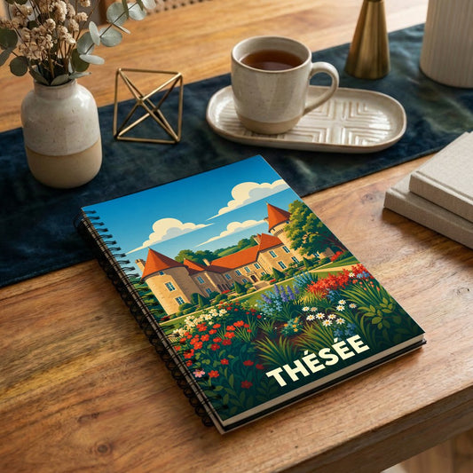 Carnet à spirales souvenir de la ville de Thésée avec une illustration stylisée d'un château fleuri.