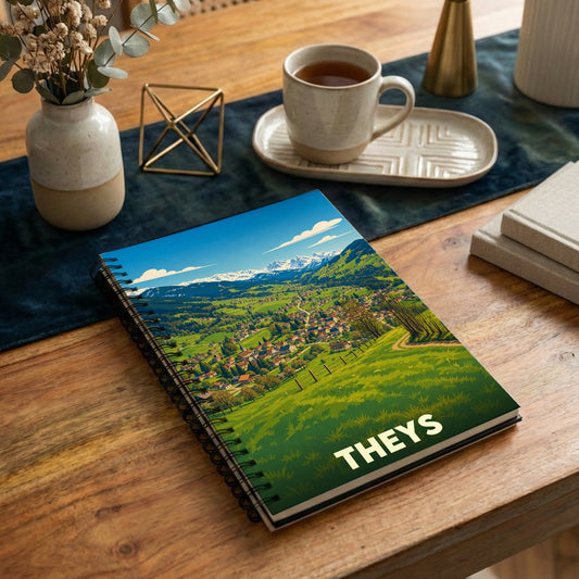 Carnet souvenir de la ville de Theys illustré d'un paysage de montagne verdoyant et stylisé.