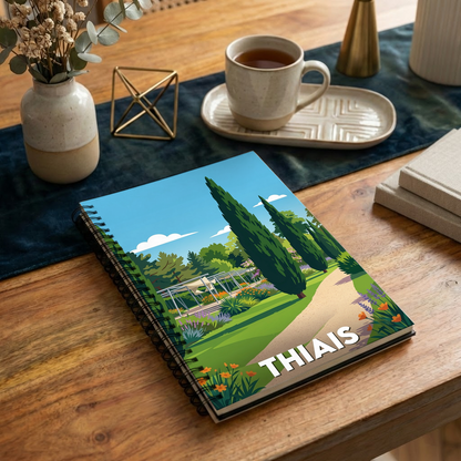 Carnet souvenir de la ville de Thiais avec une illustration stylisée d'un parc paysager.