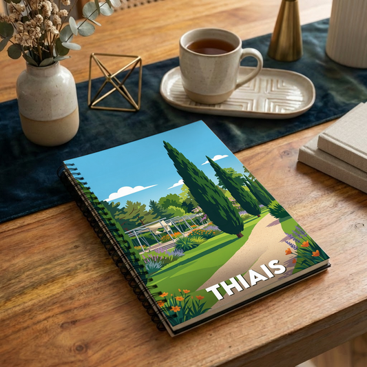 Carnet souvenir de la ville de Thiais avec une illustration stylisée d'un parc paysager.