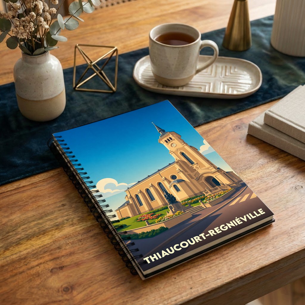 Carnet à spirales souvenir de la ville de Thiaucourt-Regniéville avec une illustration stylisée de son église sous un ciel bleu.