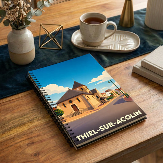 Carnet de notes souvenir de la ville de Thiel-sur-Acolin avec une illustration stylisée de son église.