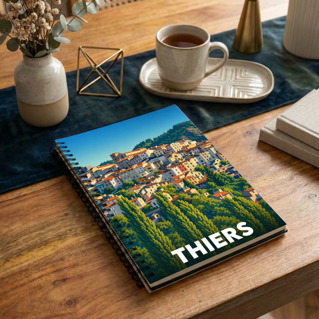 Carnet souvenir de la ville de Thiers avec une illustration stylisée et colorée.