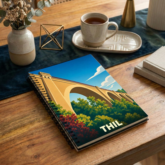 Carnet à spirales souvenir de la ville de Thil avec une illustration stylisée de son viaduc.