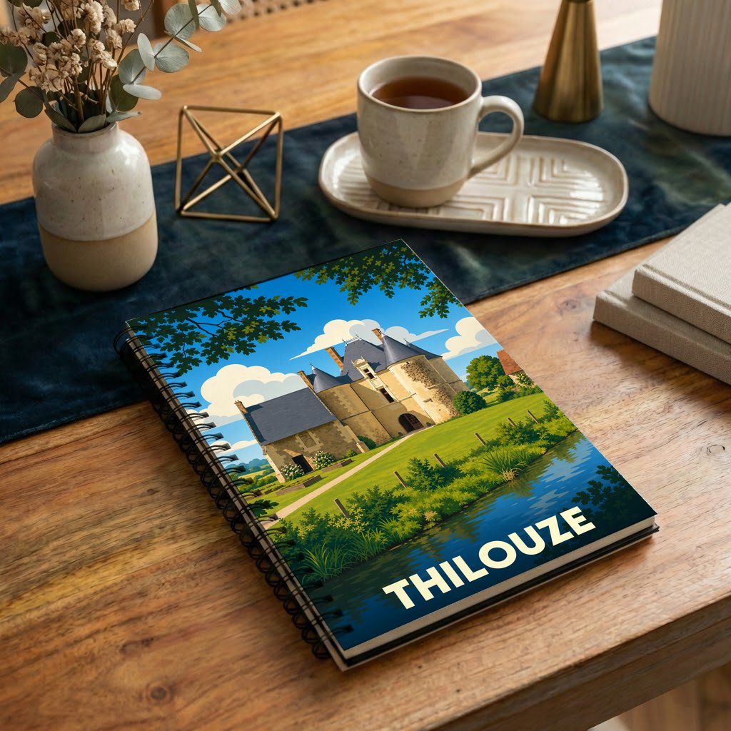 Carnet à spirales souvenir de la ville de Thilouze avec une illustration stylisée de son château.