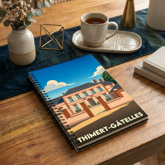 Carnet souvenir à spirale de la ville de Thimert-Gâtelles avec une illustration stylisée d'un bâtiment historique.