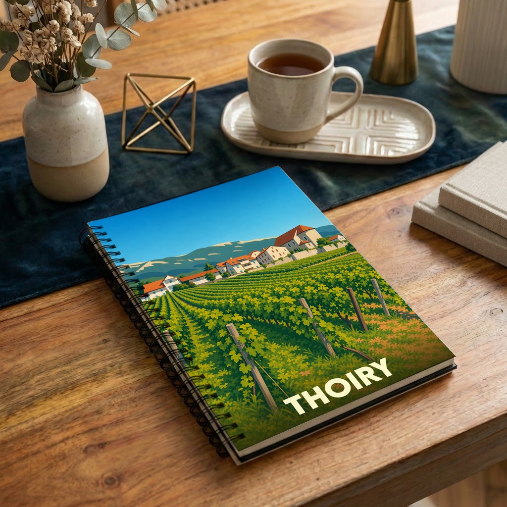 Carnet à spirales souvenir de la ville de Thoiry avec une illustration stylisée d'un vignoble.