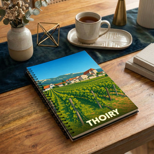 Carnet à spirales souvenir de la ville de Thoiry avec une illustration stylisée d'un vignoble.