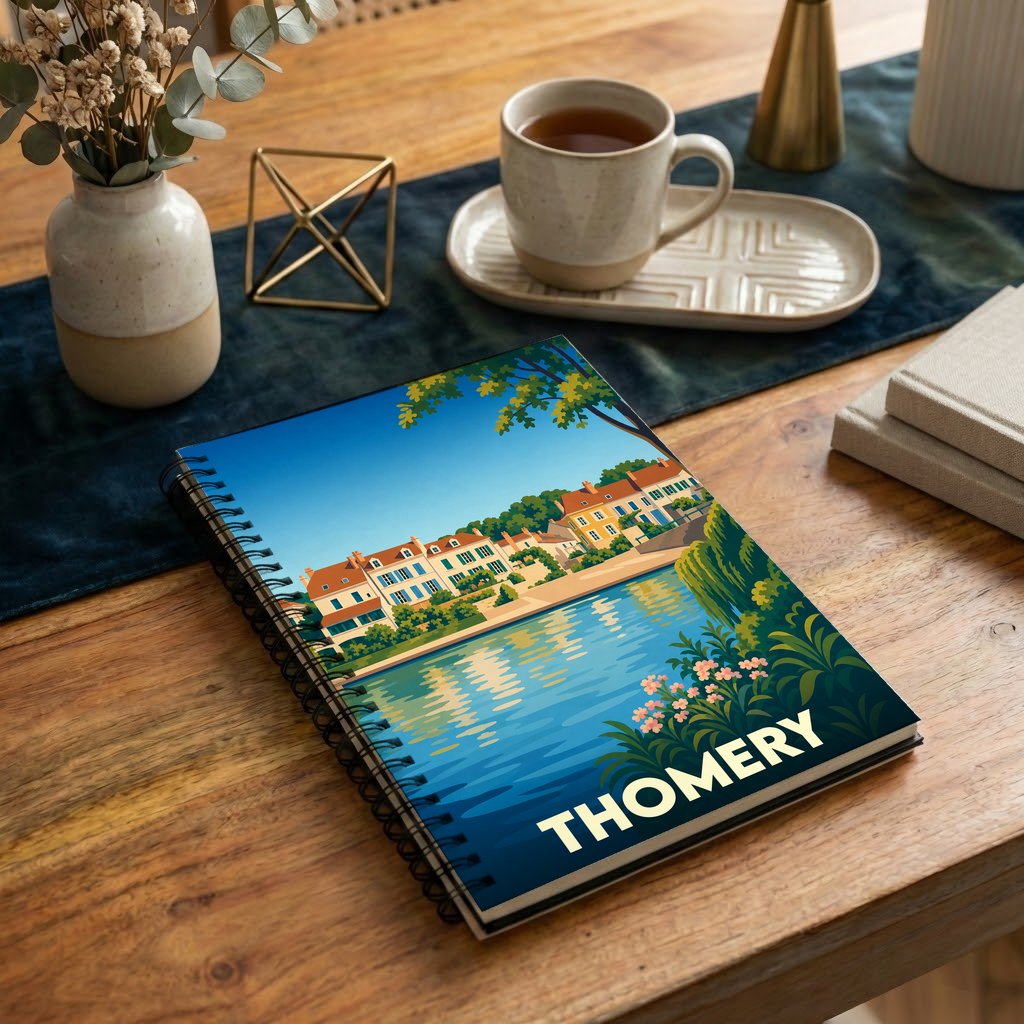Carnet souvenir de la ville de Thomery avec une illustration stylisée d'un paysage de bord de l'eau.