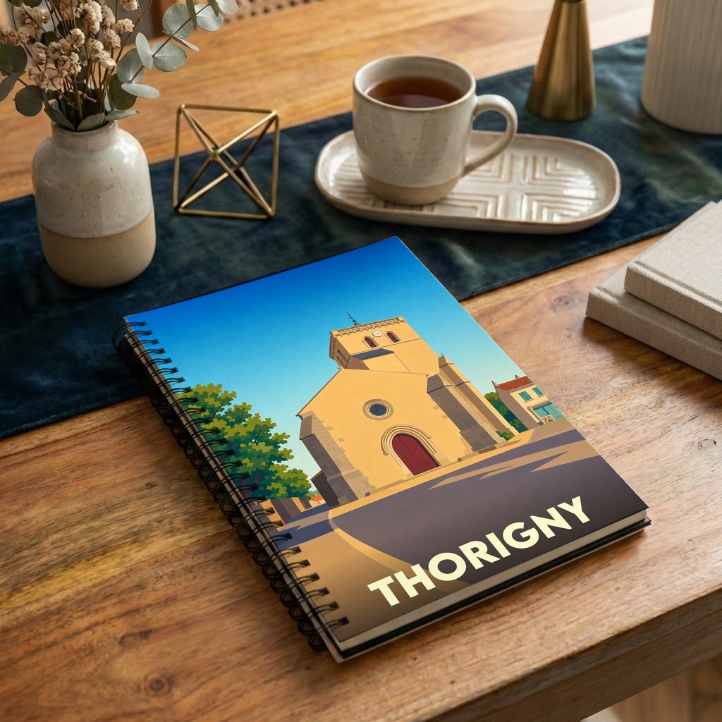Carnet à spirales souvenir de la ville de Thorigny avec une illustration stylisée de son église.
