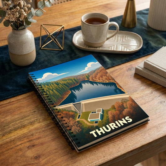 Carnet à spirales souvenir de la ville de Thurins avec une illustration stylisée représentant un barrage et sa retenue d'eau.