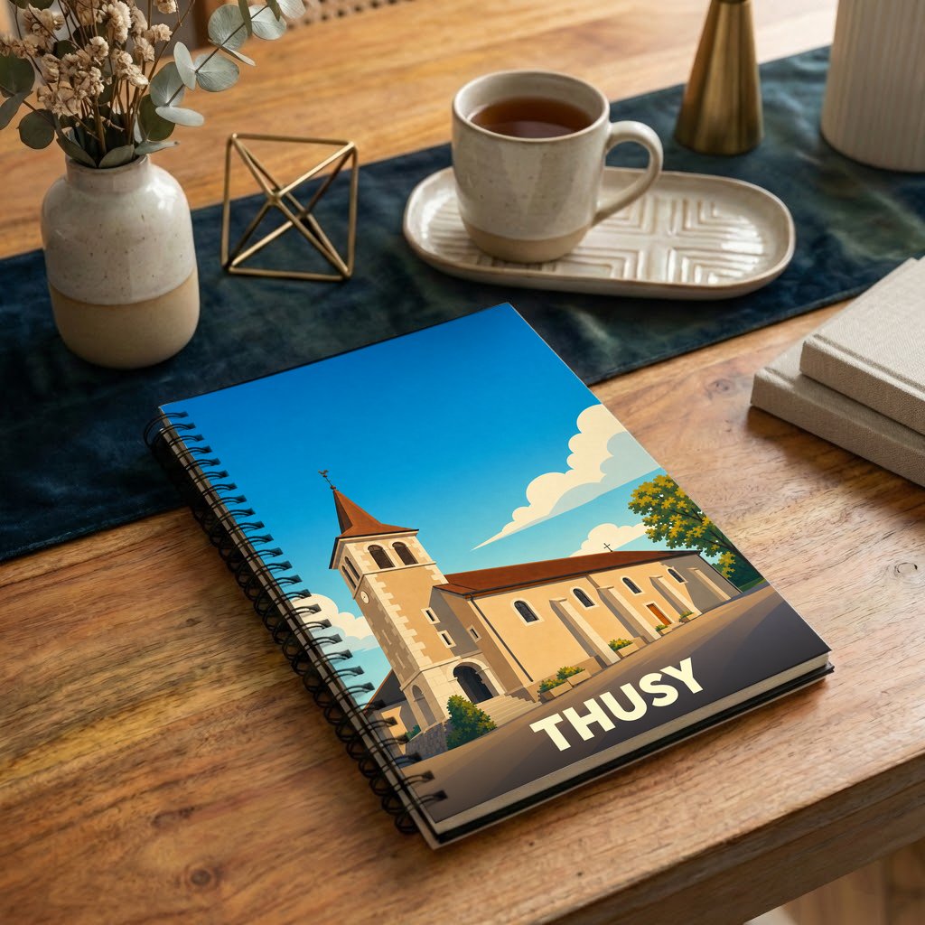 Carnet à spirale souvenir de la ville de Thusy illustré par un dessin stylisé de son église sous un ciel bleu.