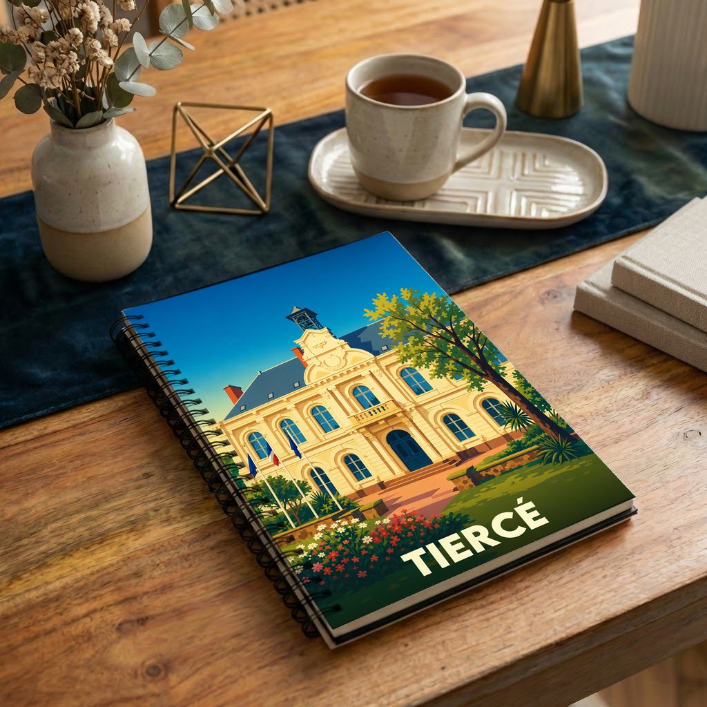 Carnet souvenir de la ville de Tiercé avec une illustration stylisée de son hôtel de ville.