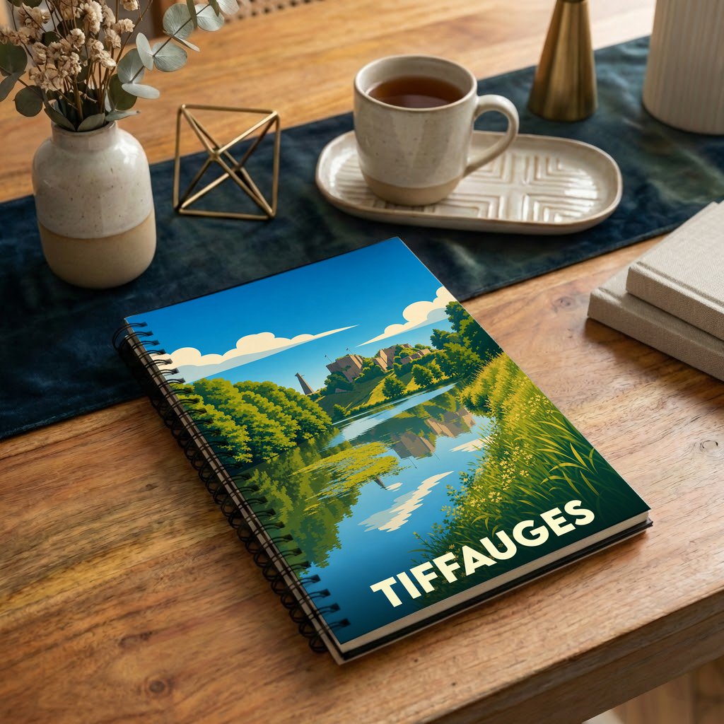 Carnet à spirales souvenir de la ville de Tiffauges avec une illustration stylisée de son château et de sa rivière.