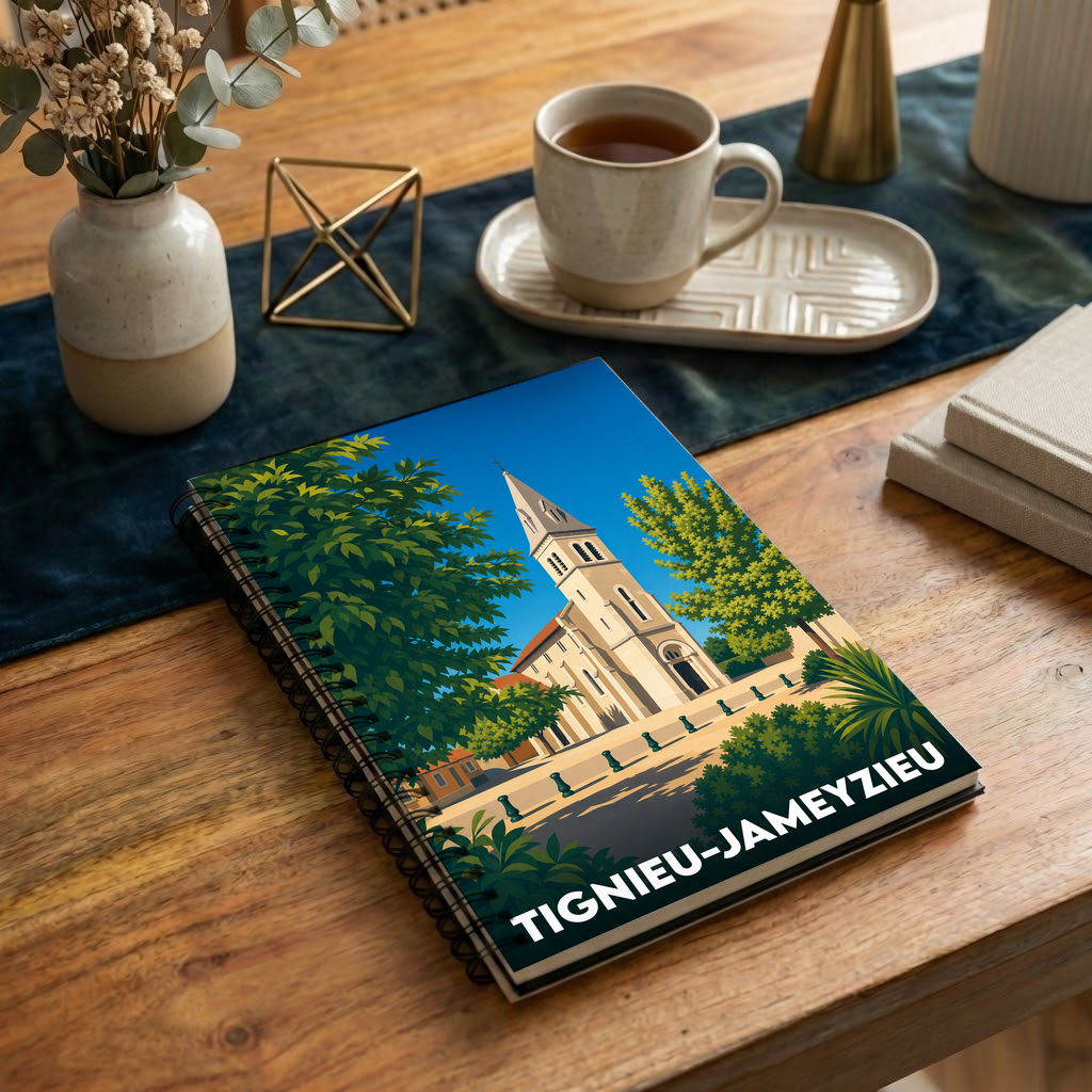 Carnet à spirales souvenir de Tignieu-Jameyzieu avec une illustration stylisée de son église et de sa végétation.
