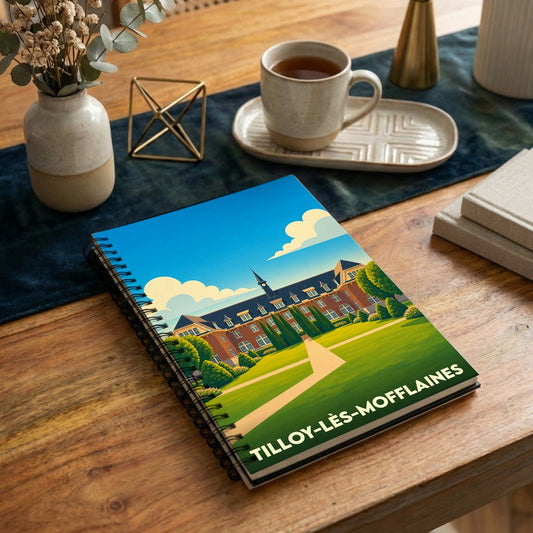 Carnet à spirales souvenir de la ville de Tilloy-lès-Mofflaines avec une illustration stylisée de son patrimoine.