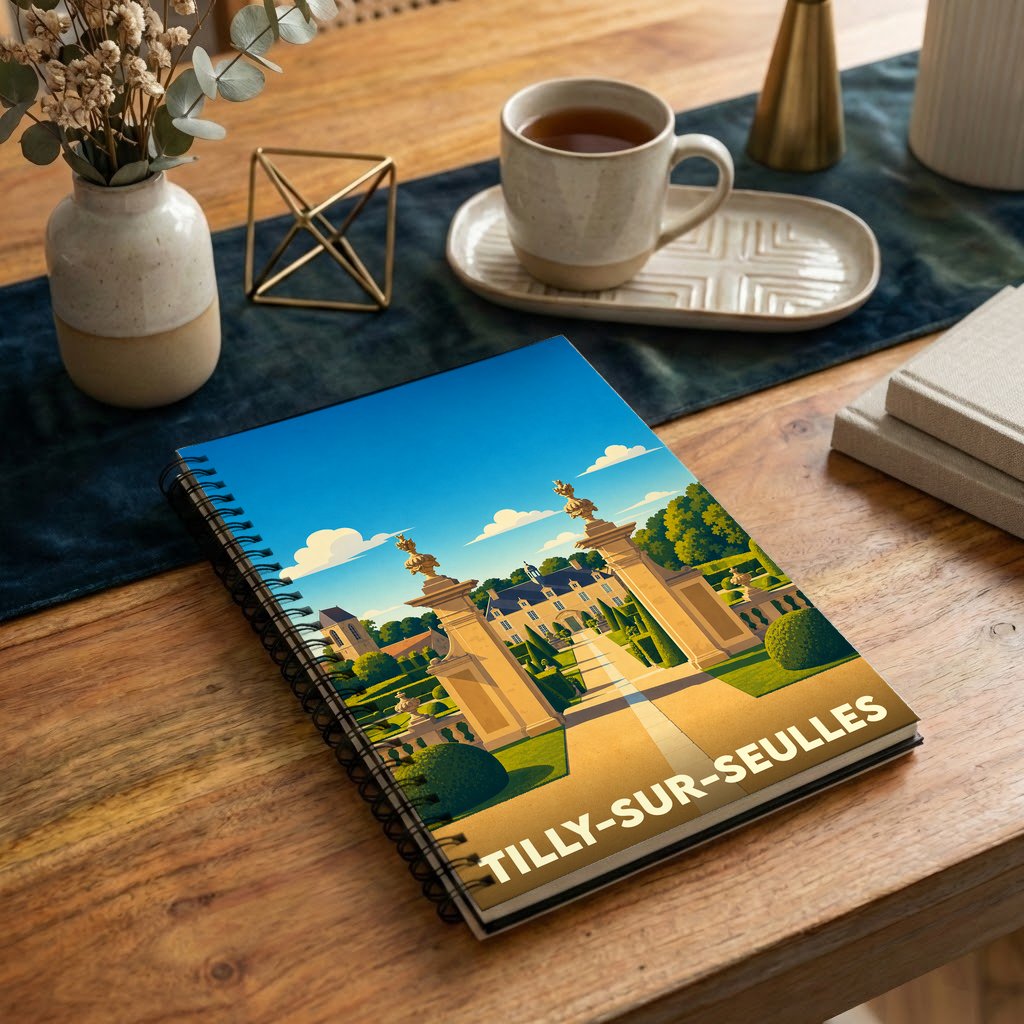 Carnet souvenir de la ville de Tilly-sur-Seulles avec une illustration stylisée de château et jardins.