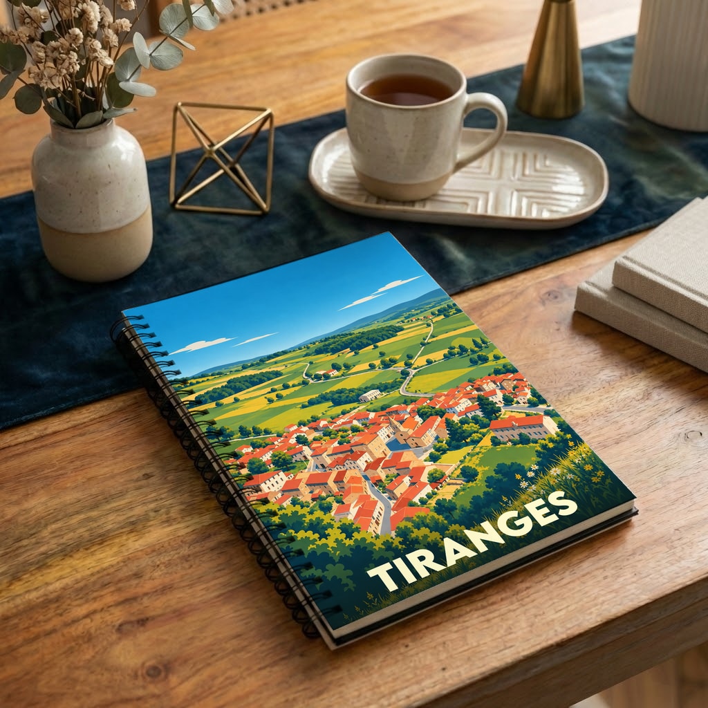 Carnet à spirales souvenir de la ville de Tiranges illustré par une vue aérienne stylisée et colorée.