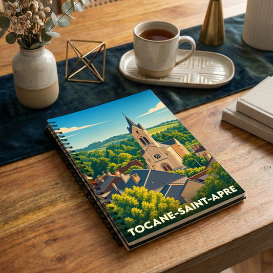 Carnet à spirales souvenir de la ville de Tocane-Saint-Apre avec une illustration stylisée de son église et de ses toits.