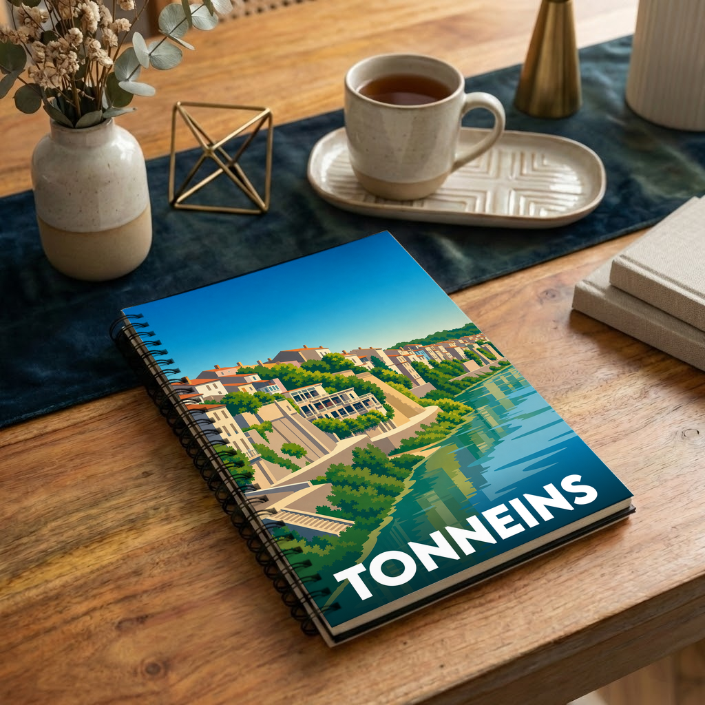 Carnet à spirales souvenir de la ville de Tonneins avec une illustration stylisée des quais de la Garonne.