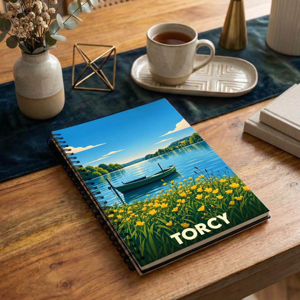 Carnet souvenir de la ville de Torcy avec une illustration stylisée d'une barque sur un lac fleuri.